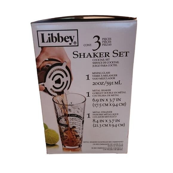 New Libbey Bartender Shaker Set 3 Piece Mixing Glass Strainer Drink Recipes - Picture 2 of 13